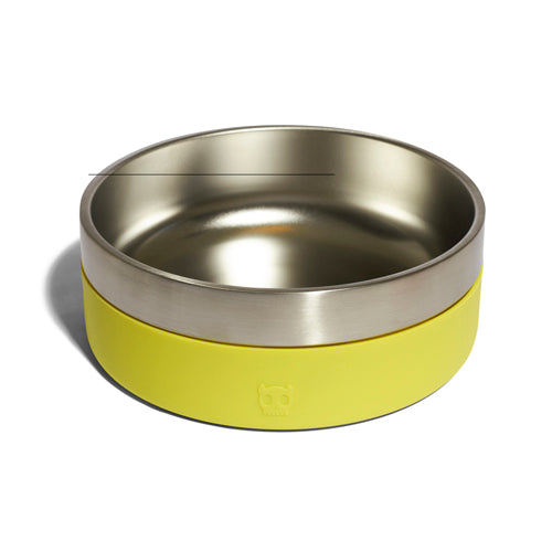 ZeeDog Tuff Bowl in lime, a stainless steel dog bowl with a yellow silicone base.
