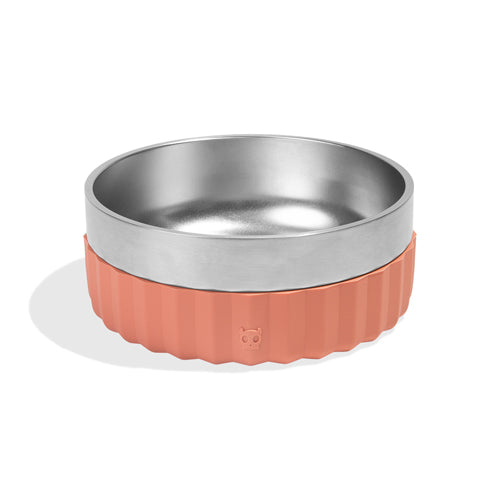 ZeeDog Tuff Bowl: Coral stainless steel dog bowl with a ribbed silicone base.