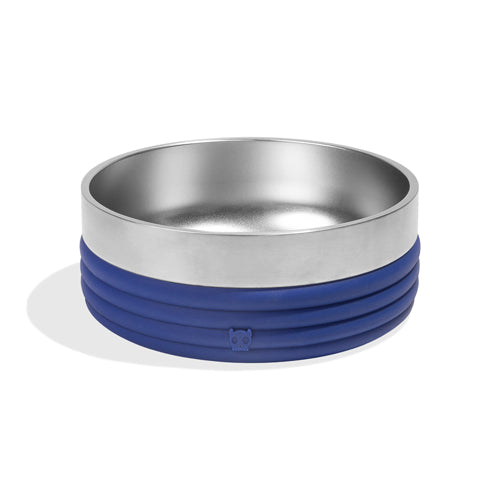 ZeeDog Tuff Bowl, a stainless steel dog bowl with a blue silicone base and rings design.