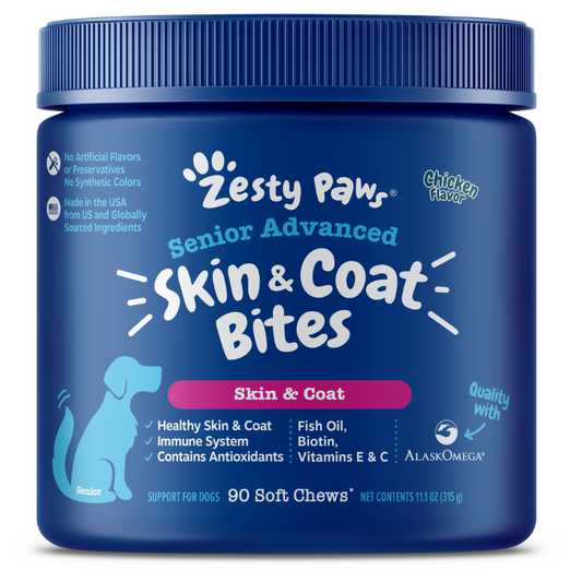 Zesty Paws Senior Advanced Skin & Coat Bites Chicken Flavor Dog Supplement Chews - 90ct