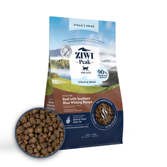 ZiwiPeak Grass Fed Beef Southern Blue Whiting Recipe Steam & Dried Cat Food [2 Sizes]