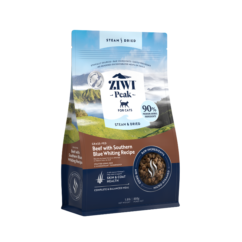ZiwiPeak Grass Fed Beef Southern Blue Whiting Recipe Steam & Dried Cat Food [2 Sizes]