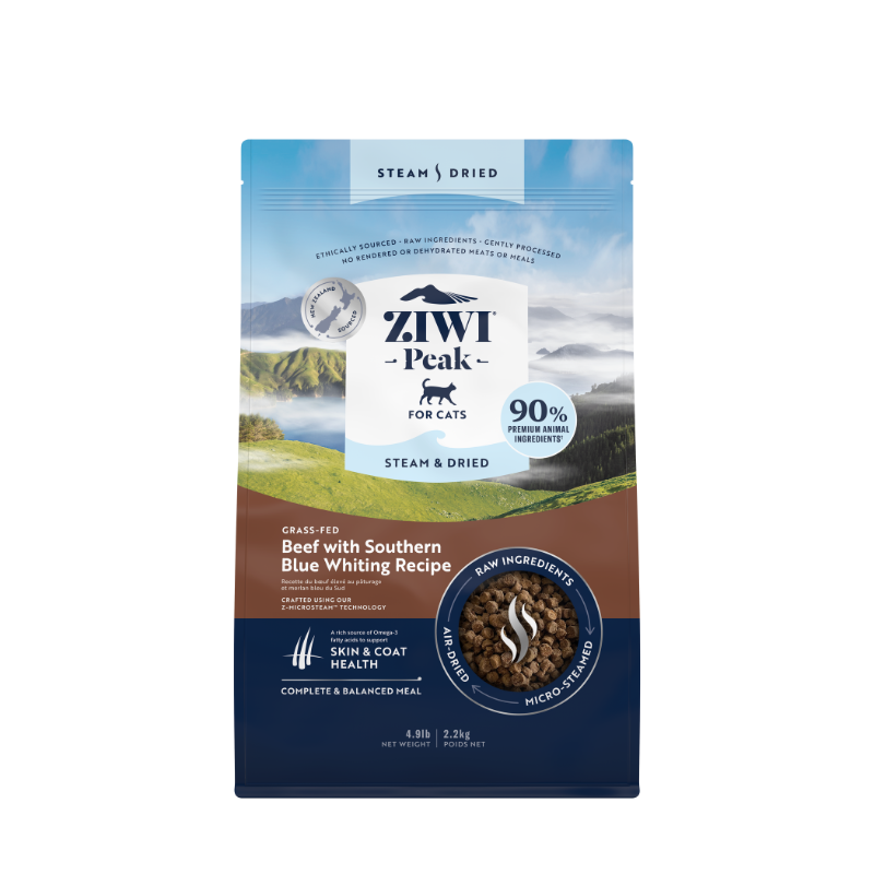 ZiwiPeak Grass Fed Beef Southern Blue Whiting Recipe Steam & Dried Cat Food [2 Sizes]