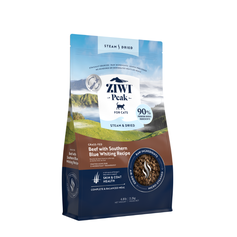 ZiwiPeak Grass Fed Beef Southern Blue Whiting Recipe Steam & Dried Cat Food [2 Sizes]