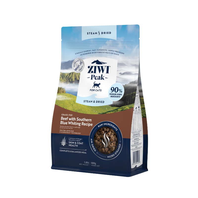 ZiwiPeak Grass Fed Beef Southern Blue Whiting Recipe Steam & Dried Cat Food [2 Sizes]