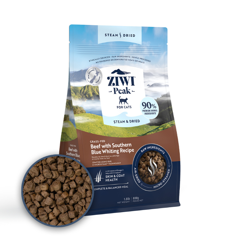 ZiwiPeak Grass Fed Beef Southern Blue Whiting Recipe Steam & Dried Cat Food [2 Sizes]