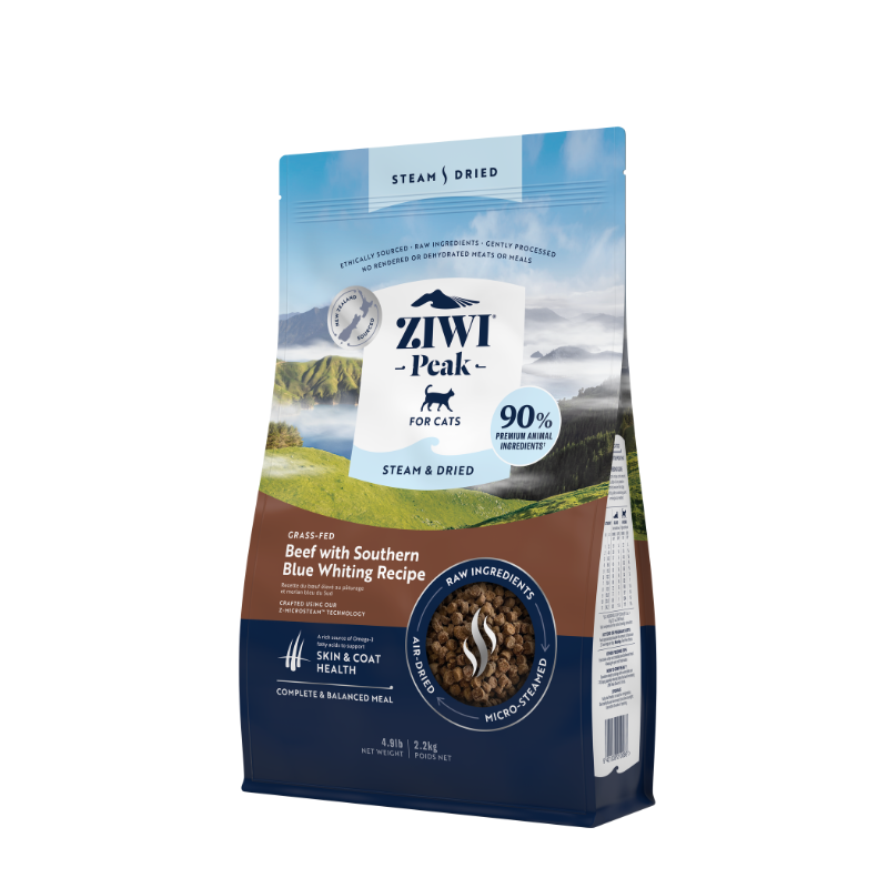 ZiwiPeak Grass Fed Beef Southern Blue Whiting Recipe Steam & Dried Cat Food [2 Sizes]