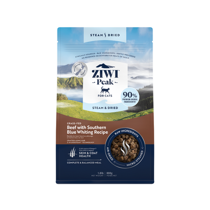 ZiwiPeak Grass Fed Beef Southern Blue Whiting Recipe Steam & Dried Cat Food [2 Sizes]