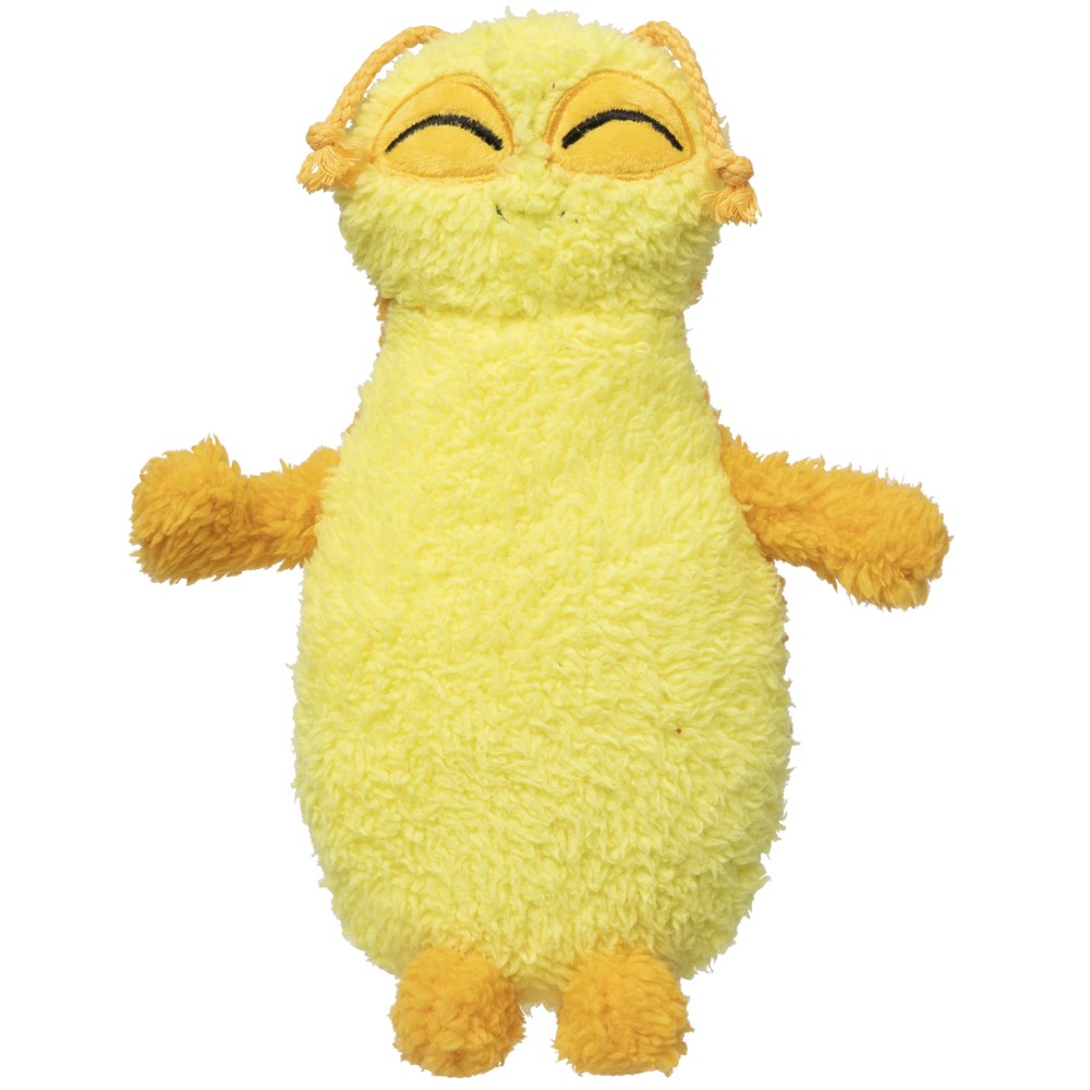 FuzzYard Belly The Bed Bug plush dog toy, yellow and orange, with embroidered sleepy eyes and antennae.