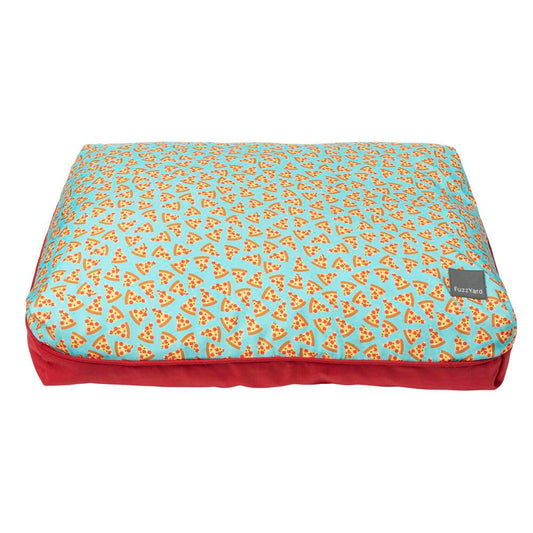 FuzzYard Big Dreamer dog bed with blue top featuring pizza slices and a red bottom.