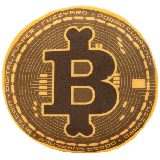 Round, yellow and black Fuzzyard Bite Coin plush dog toy with a "B" symbol and "Doggo Currency" text.