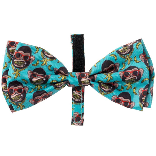 FuzzYard Gor-illz polyester bowtie for cats and dogs, featuring a turquoise background with cool monkey faces and bananas.