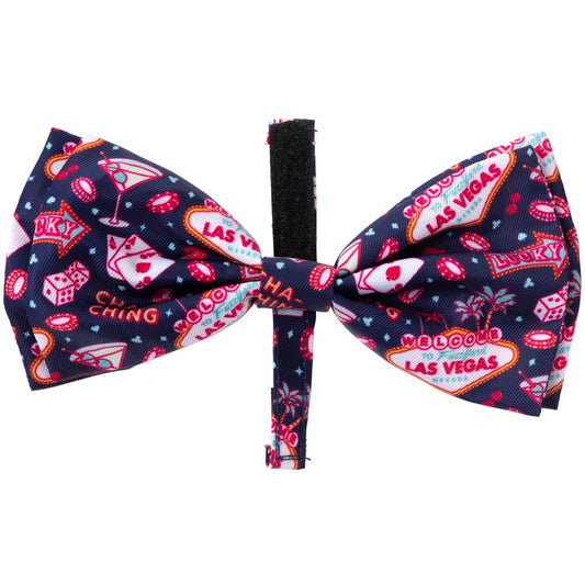 Navy polyester pet bowtie with a colorful Las Vegas casino print and black velcro loop.