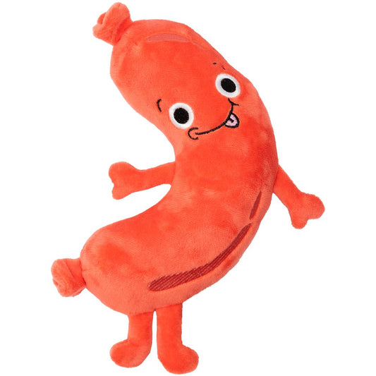 FuzzYard Brad Wurst plush dog toy: a silly, bright orange sausage with embroidered eyes, smile, and tiny limbs.