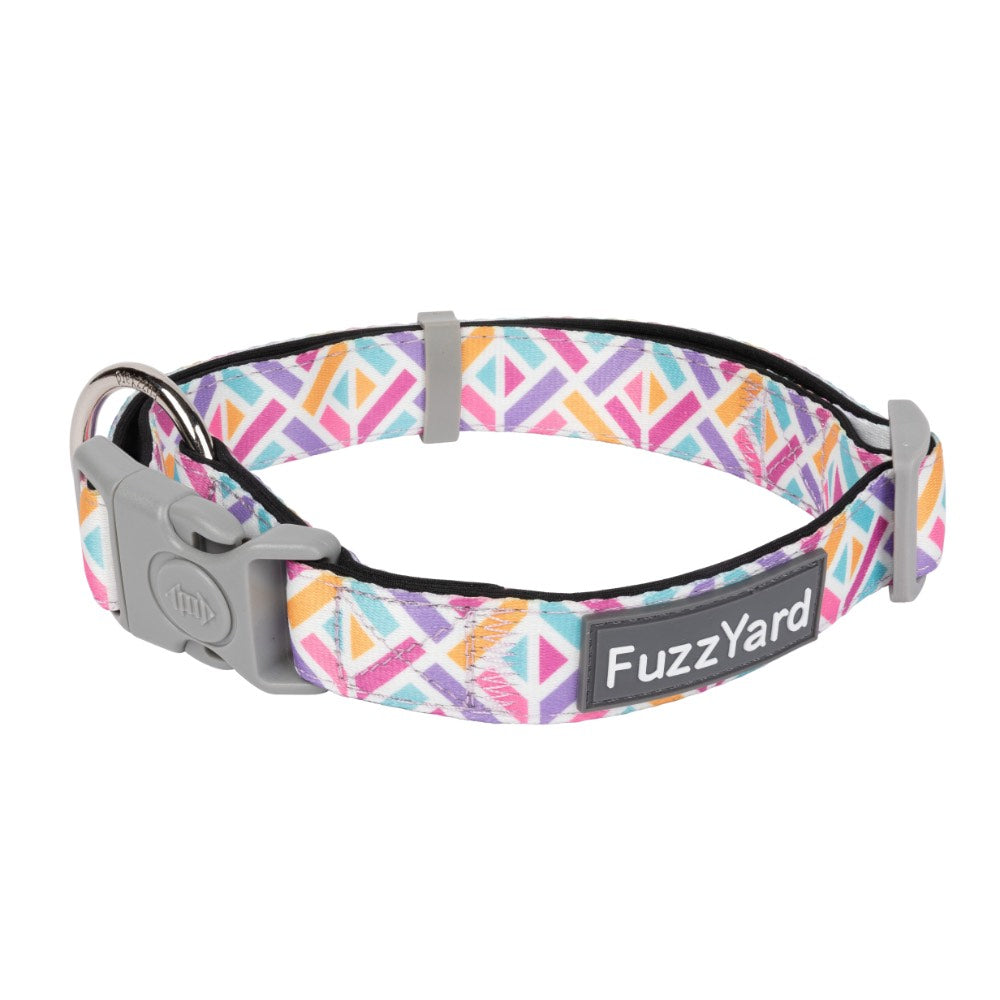 FuzzYard Bubblegum Burst dog collar with colorful geometric pattern, grey buckle, and stainless steel ring.