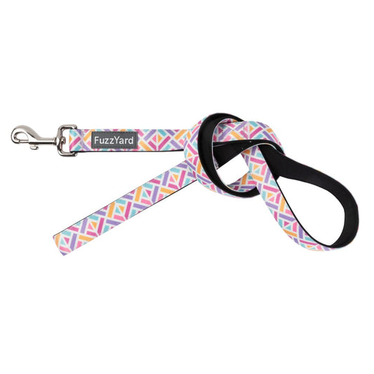 FuzzYard Bubblegum Burst dog lead with colorful geometric pattern, neoprene material, and 360° rotating clasp.