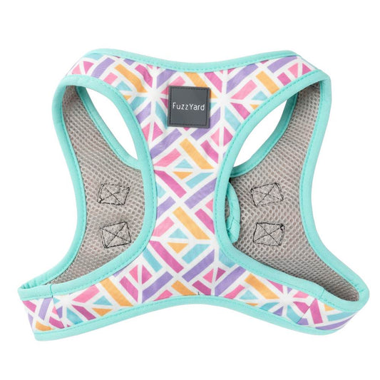 FuzzYard Bubblegum Burst step-in dog harness with colorful geometric pattern, turquoise trim, and breathable mesh.