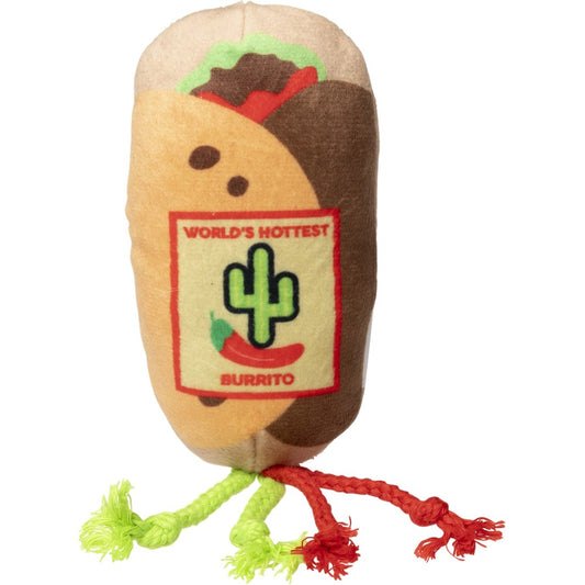 FuzzYard Burrito plush cat toy with crinkle, catnip, and red/green string tassels.