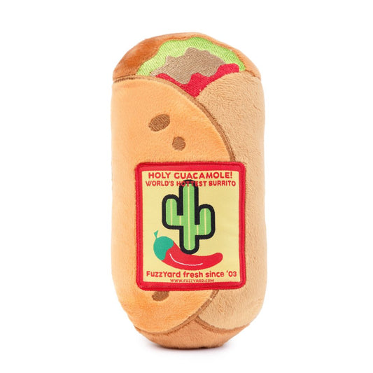 FuzzYard Burrito plush dog toy with a "Holy Guacamole!" label, green cactus, and red chili.