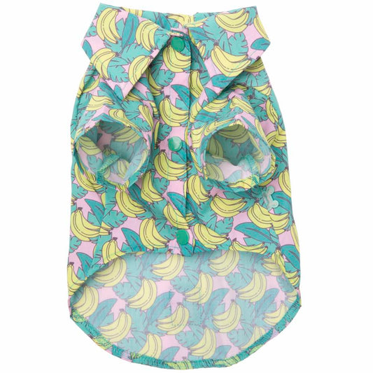 FuzzYard Bananarama dog shirt: pink polyester with yellow bananas and green leaves, button-up style.