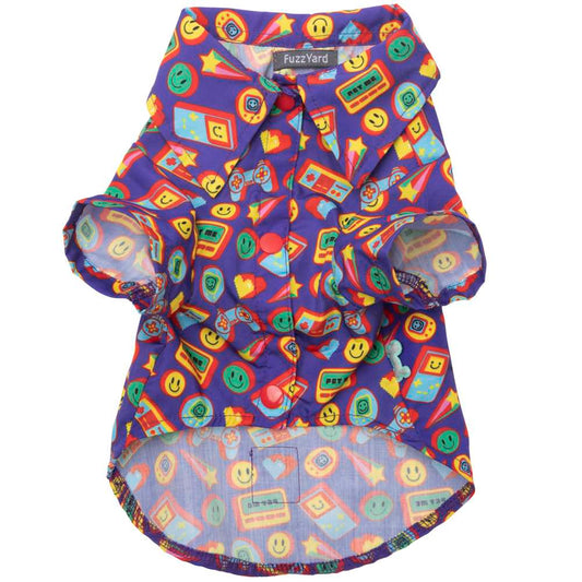 FuzzYard Highscore dog shirt: purple polyester with retro video game and smiley face print, red buttons.