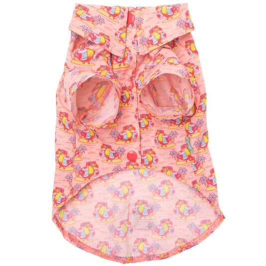 Pink FuzzYard polyester dog button-up shirt with colorful toucan and palm tree print.