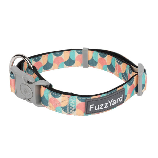 FuzzYard Carioca dog collar with retro 60s/70s geometric pattern in teal, orange, and peach, featuring a grey buckle.