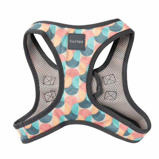 FuzzYard Carioca step-in dog harness with a retro geometric pattern in pink, orange, and blue.