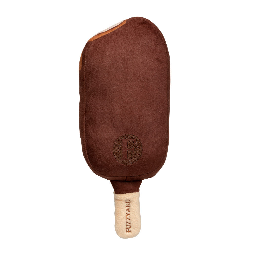 FuzzYard Choc Coated Ice Cream plush dog toy, brown with a white stick.