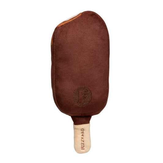 FuzzYard Choc Coated Ice Cream plush dog toy, brown with a white stick.