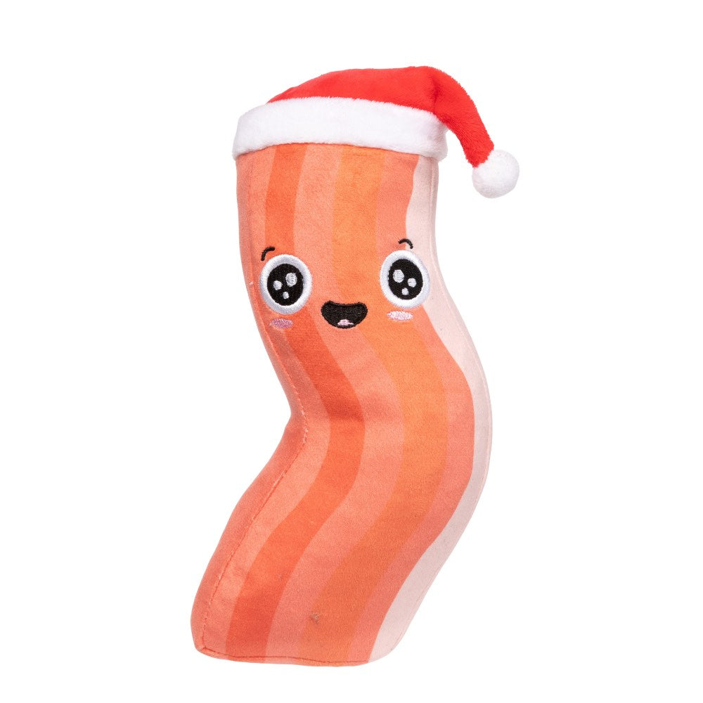Plush FuzzYard Christmas bacon dog toy with a red Santa hat and cute embroidered face.