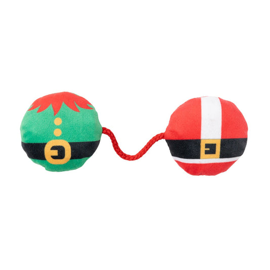 Plush FuzzYard Christmas Elf and Santa bellies catnip toys connected by a red rope.