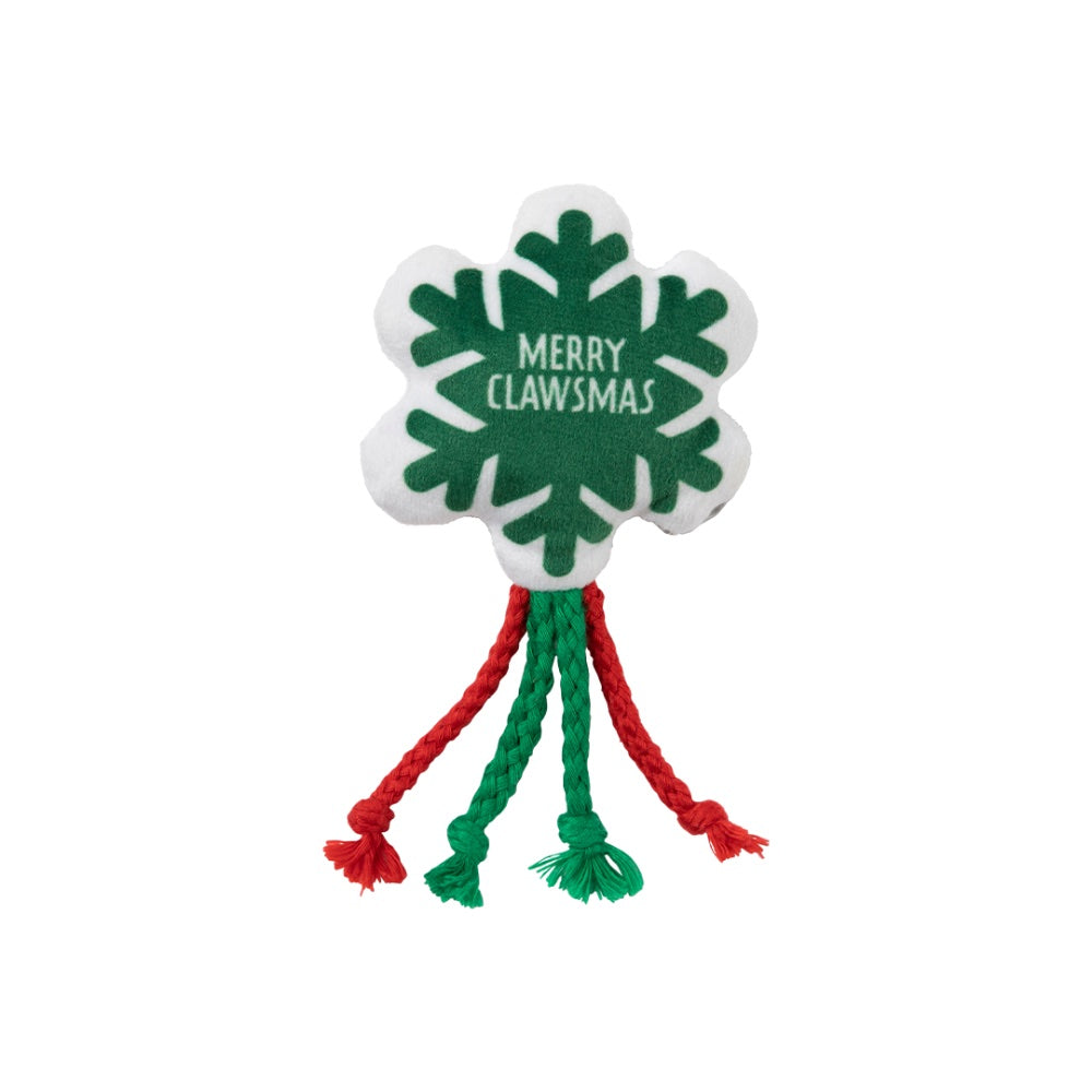 Plush white and green snowflake cat toy with "MERRY CLAWSMAS" text and braided red and green ropes.