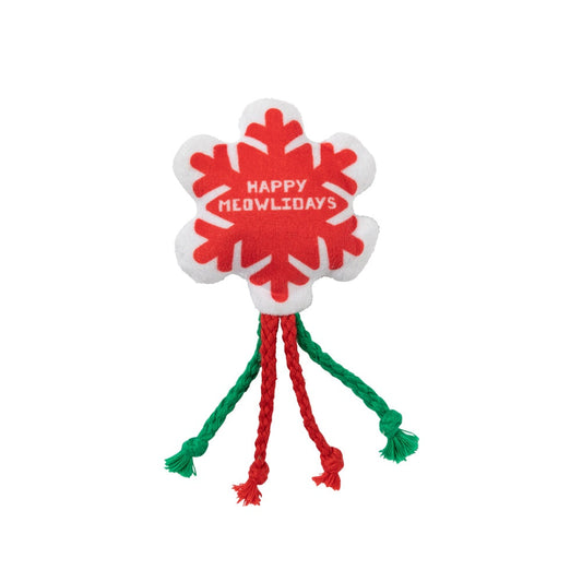 Plush white snowflake cat toy with red "Happy Meowlidays" text and red and green braided rope legs.