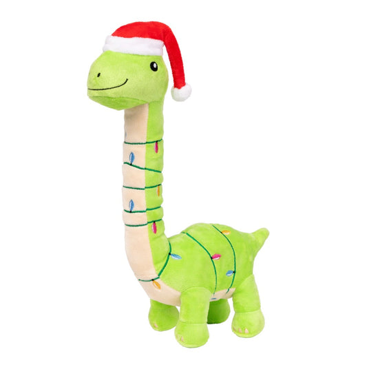 Green plush brontosaurus dog toy wearing a red Santa hat and wrapped in colorful Christmas lights.