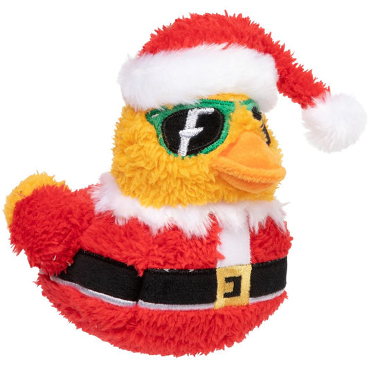 FuzzYard Christmas Quacker plush dog toy, a yellow duck wearing a red Santa hat, suit, and green sunglasses.