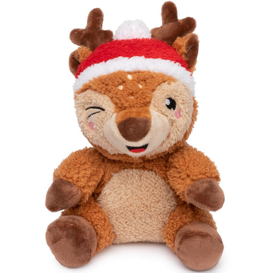 Small FuzzYard Christmas Rosco Reindeer plush dog toy with a red and white Santa hat, winking.