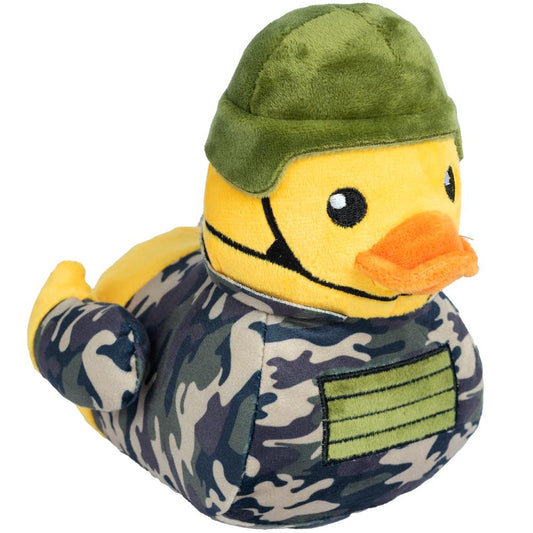FuzzYard Commanduck plush dog toy: yellow duck in green army helmet and camouflage uniform with squeaker.