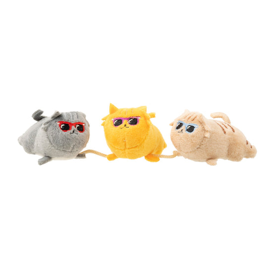 Three plush catnip toys: a gray, yellow, and beige cat, each wearing colorful sunglasses, strung together.