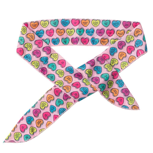 FuzzYard Cooling Pet Bandana in Candy Hearts design, featuring colorful conversation hearts on pink eco-friendly cotton.