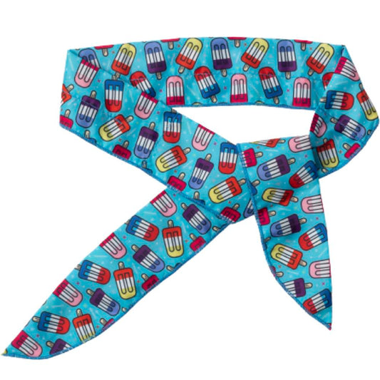 FuzzYard Cooling Pet Bandana in "Poppin' Popsicles" design, featuring colorful ice pops on a blue background.