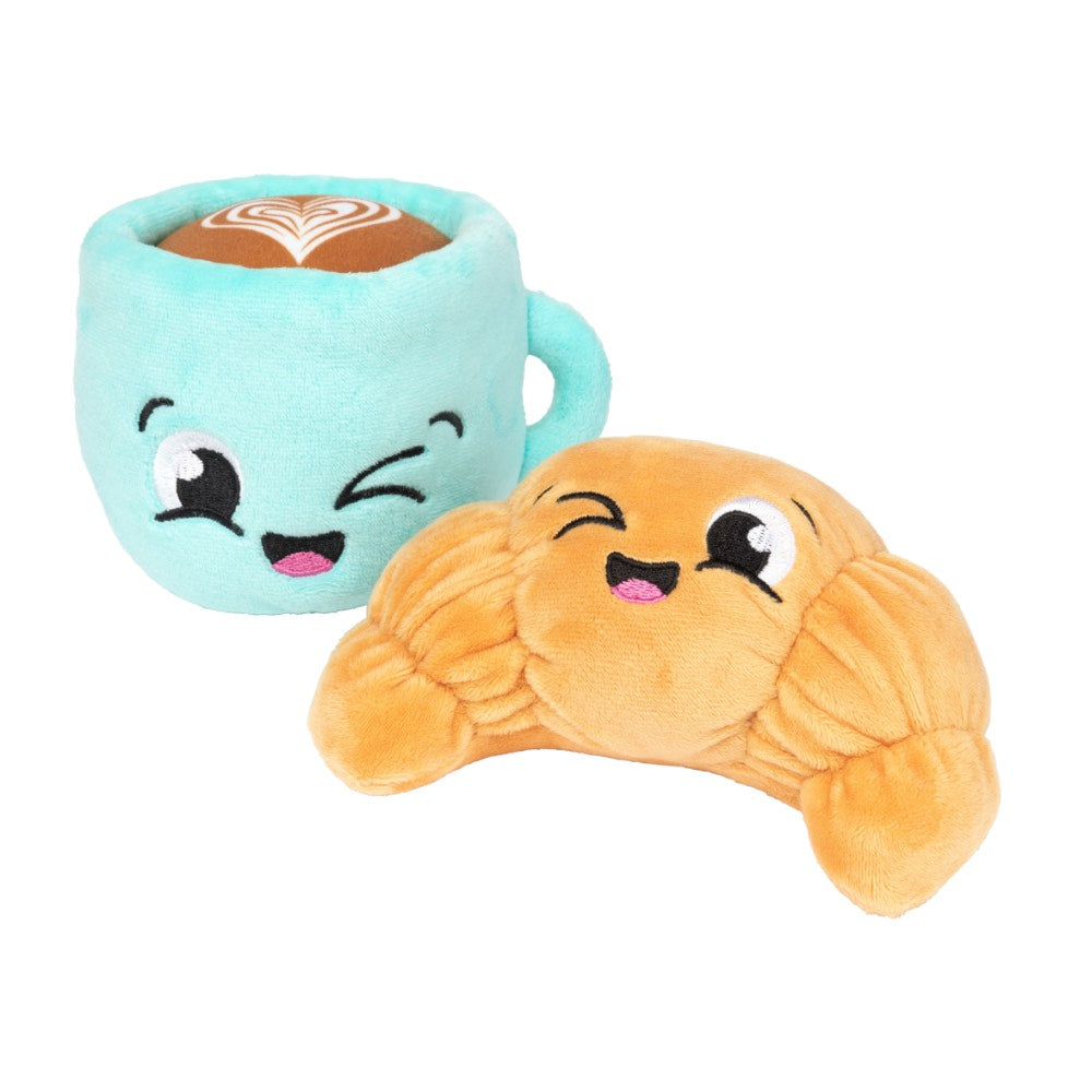 FuzzYard Croissant & Cappuccino plush dog toys: a teal cup with latte art and a golden-brown croissant, both with cute faces.