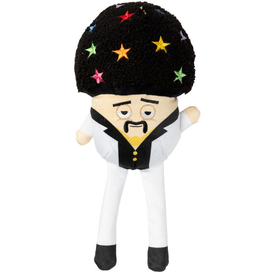 FuzzYard Disco Randy mushroom plush dog toy with black afro, colorful stars, white suit, and gold chain.