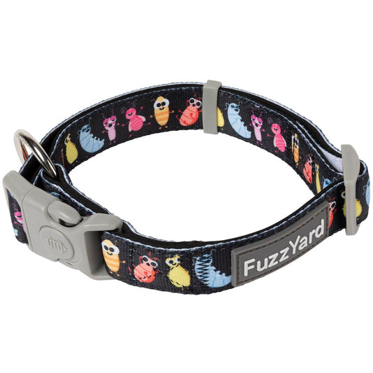 FuzzYard Dog Collar, black neoprene with colorful "Bed Bugs" design, grey buckle, and die-cast attachment ring.