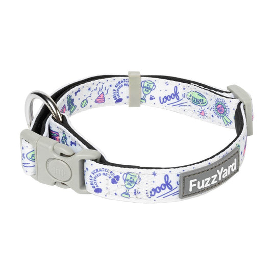 FuzzYard "Best In Show" dog collar with pink, blue, lime doodles on white neoprene, grey buckle & ring.