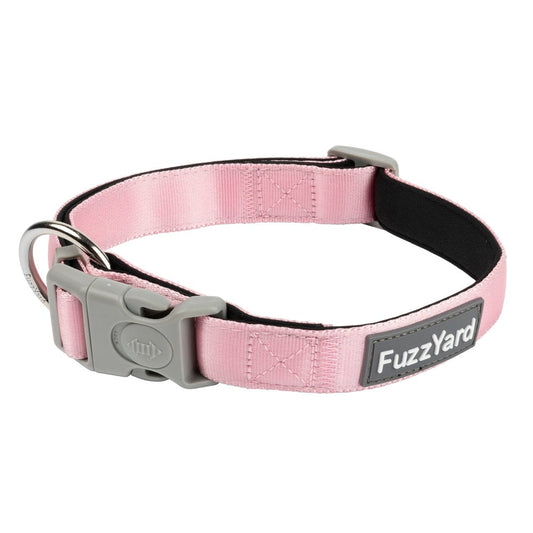 FuzzYard Dog Collar in Cotton Candy pink neoprene with grey buckle and die-cast ring.