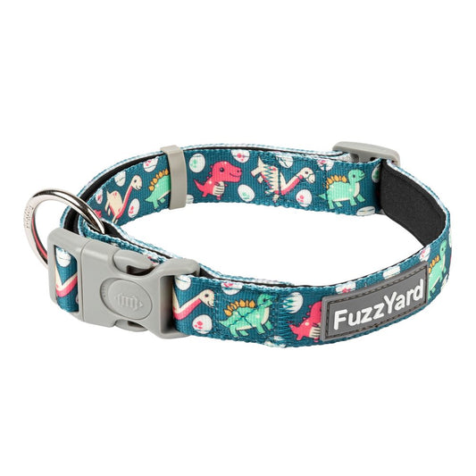 FuzzYard Dog Collar in Dinosaur Land: Teal neoprene with colorful dinosaur and egg pattern, gray buckle, and metal ring.