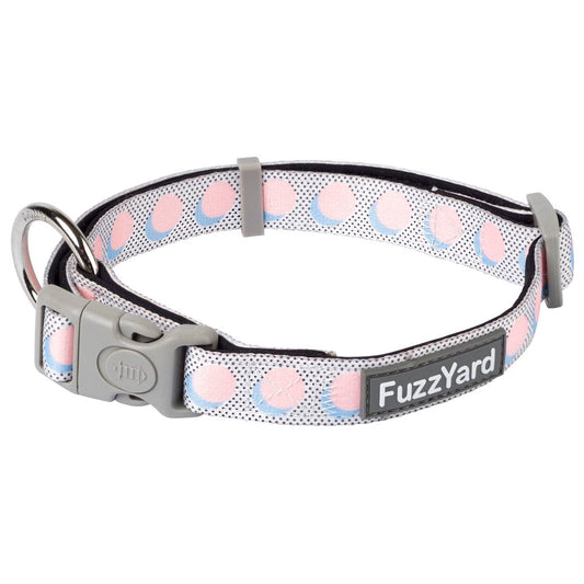 FuzzYard Dog Collar (Dippin') with pastel pink polka dots, blue accents, grey buckle, and metal D-ring.
