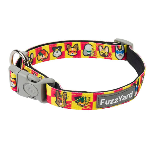 FuzzYard Doggoforce dog collar with yellow and red checkered print and cartoon dog faces.