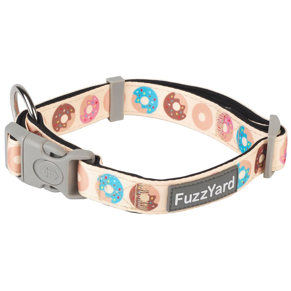 FuzzYard Go Nuts dog collar with a beige fabric band featuring colorful donut prints, a gray buckle, and a metal D-ring.